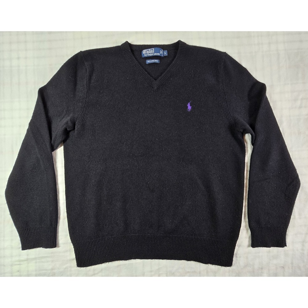 Polo Ralph Lauren Sweater Men 100% Lambswool V-Neck Purple Pony Logo Black L - Picture 1 of 13